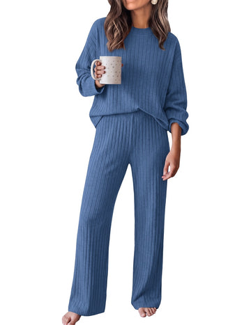 ekouaer-pyjama-set-gerippt-stehkragen-wide-leg-2-teilig image 7