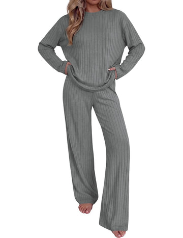 ekouaer-pyjama-set-gerippt-stehkragen-wide-leg-2-teilig image 3