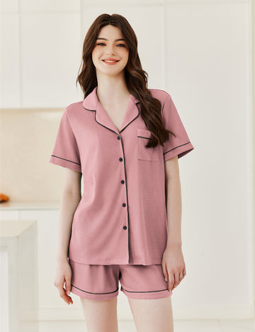 ekouaer-pajama-sets-waffel-schlafanzug-kurz-mit-knopfleiste image 2
