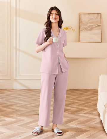 ekouaer-pajama-sets-baumwoll-schlafanzug-kurzarm-mit-taschen image 3