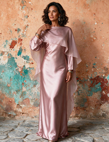 ekouaer-nightgowns-satin-kleid-langarm-cape-rosa-maxi image 3