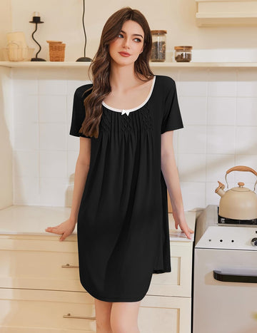 ekouaer-nightgowns-nachthemd-kurzarm-spitze-blumen-knielang image 7