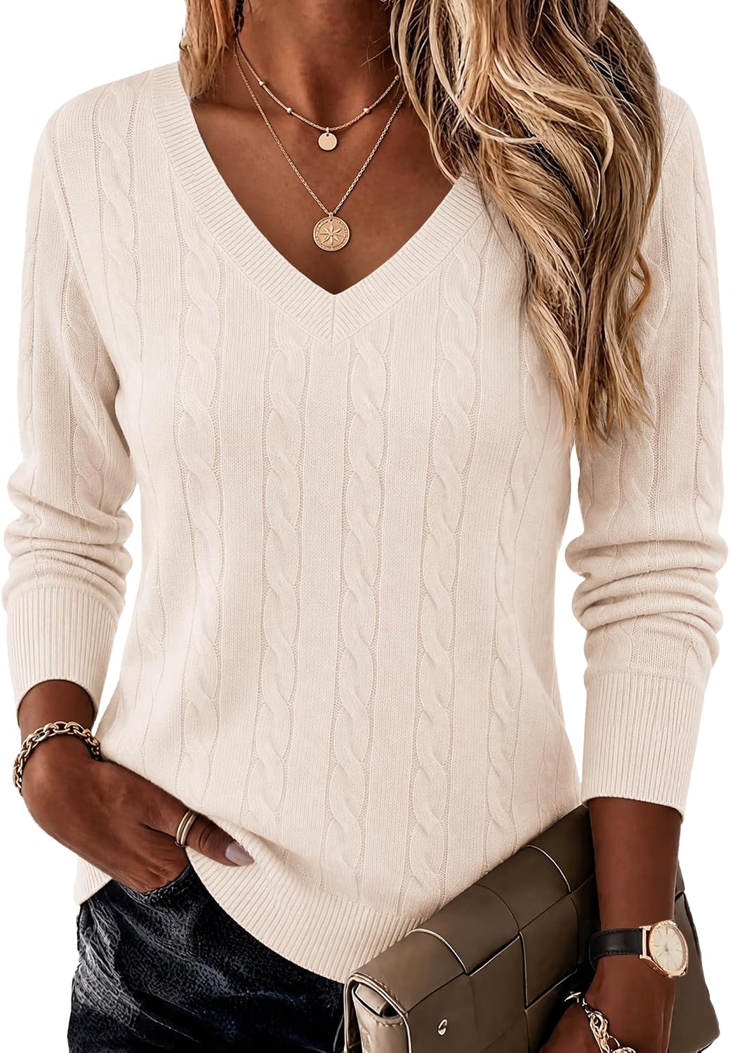 ekouaer-pajama-sets-v-neck-stricktop-apricot-langarm image 3