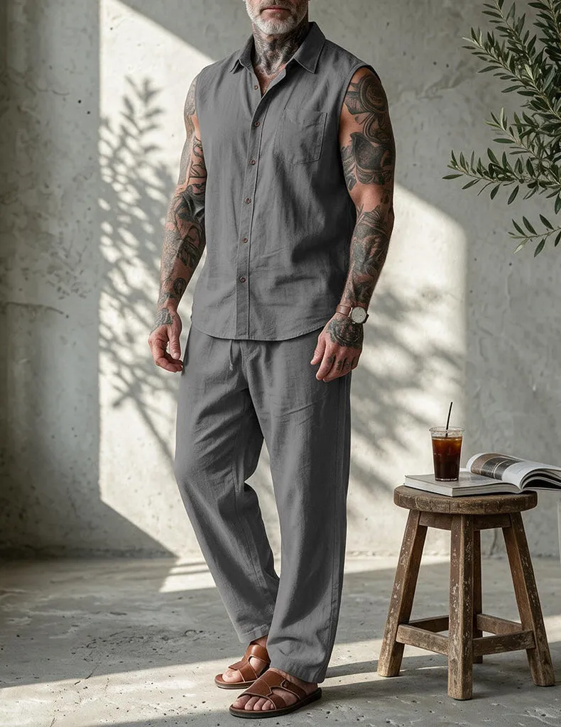 ekouaer-men-leinen-set-herren-wei-hemd-lange-hose image 1