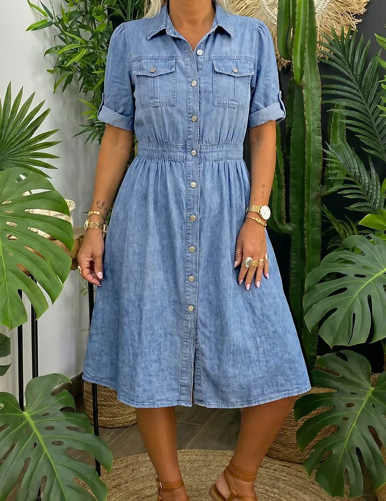 ekouaer-denim-hemdkleid-midi-jeanskleid-blau-kurzarm image 1