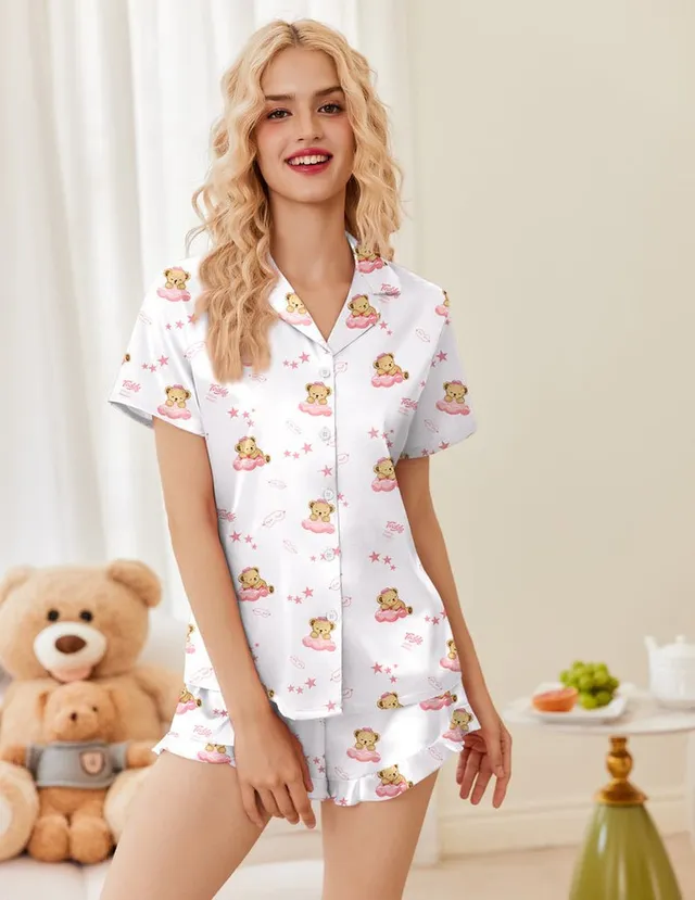 ekouaer-teddy-satin-schlafanzug-kurz-gemustert-2-teilig image 1