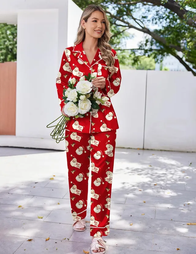 ekouaer-satin-pajama-set-schlafanzug-lang-seidig-mit-hose image 1