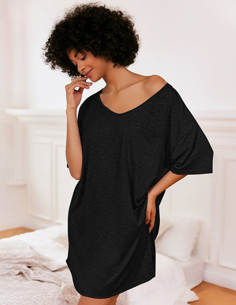 ekouaer-casual-v-neck-nachthemd-halbarm-brusttasche image 1