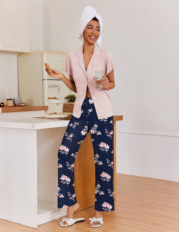 ekouaer-button-up-ruffle-sleeve-schlafanzug-damen-lang image 7