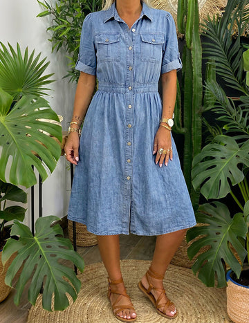 ekouaer-denim-hemdkleid-midi-jeanskleid-blau-kurzarm image 3