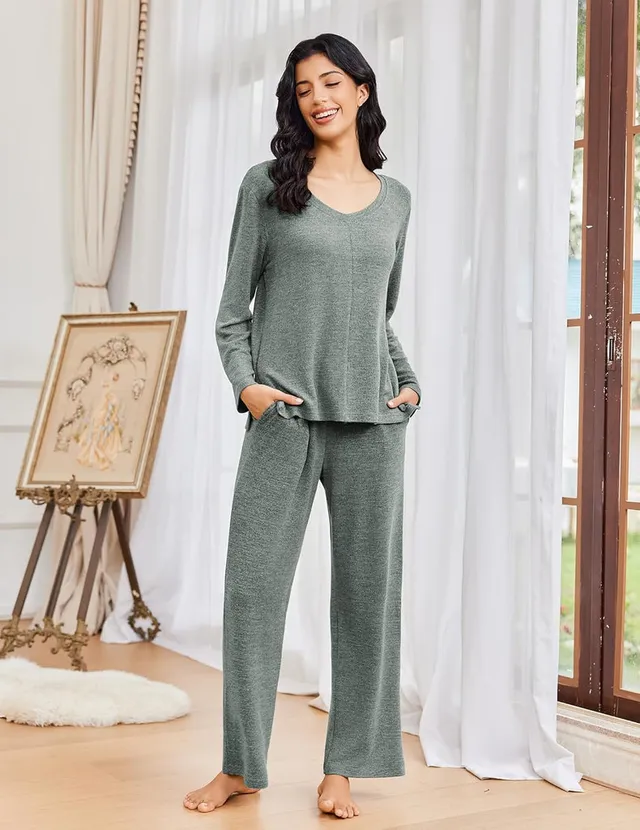 ekouaer-pajama-sets-schlafanzug-v-ausschnitt-langarm-mit-hose image 1