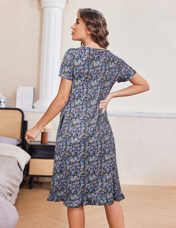 ekouaer-nightgowns-knopf-nachthemd-kurzarm-blumen-taschen image 3