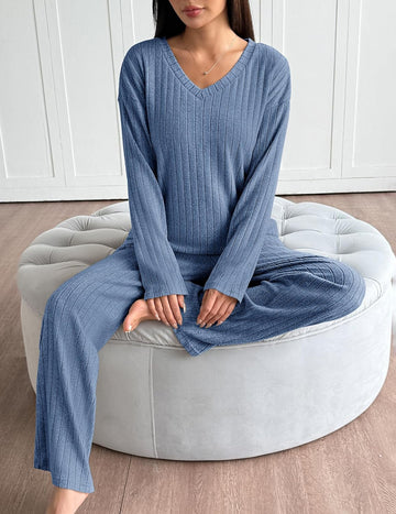 ekouaer-pajama-sets-lounge-set-pyjama-langarm-ripstrick image 3