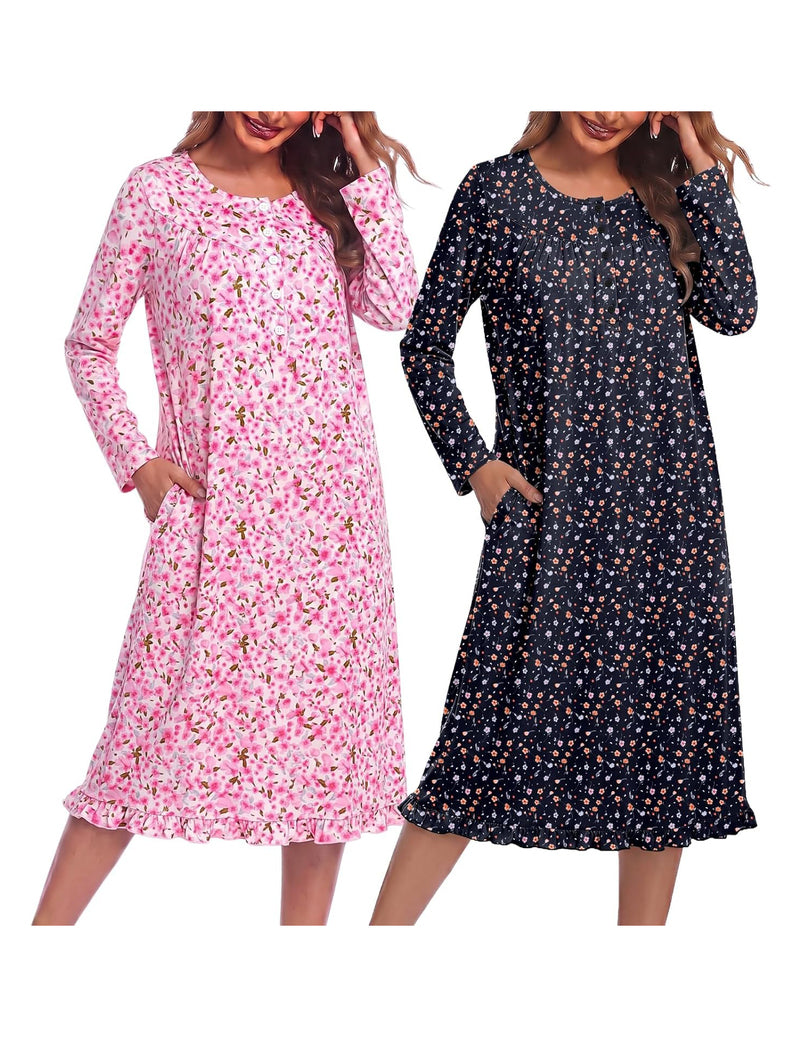 ekouaer-nightgowns-langarm-nachthemd-2er-pack-pink-floral image 5
