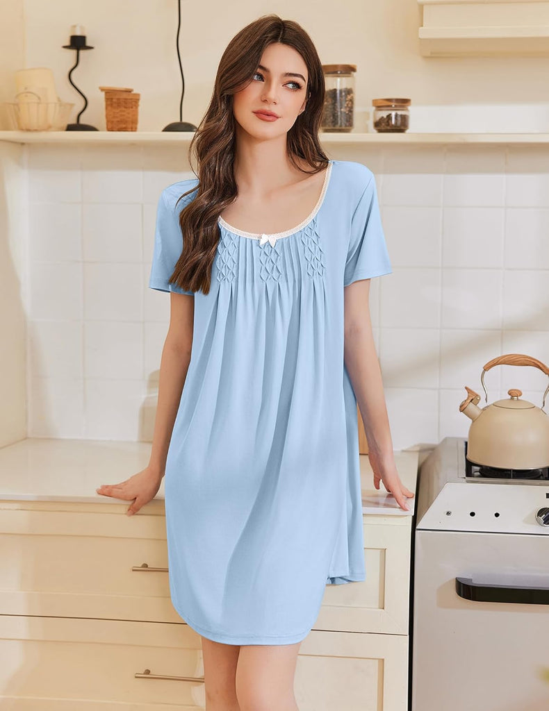 ekouaer-nightgowns-nachthemd-kurzarm-spitze-blumen-knielang image 1