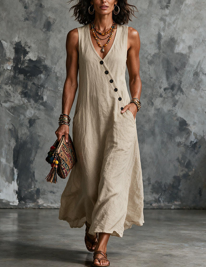 ekouaer-nightgowns-leinen-midi-kleid-v-ausschnitt-taschen image 1