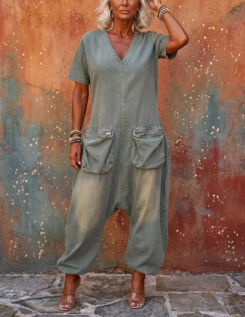 ekouaer-jumpsuits-overall-kurzarm-denim-cargo-pfauenblau image 1