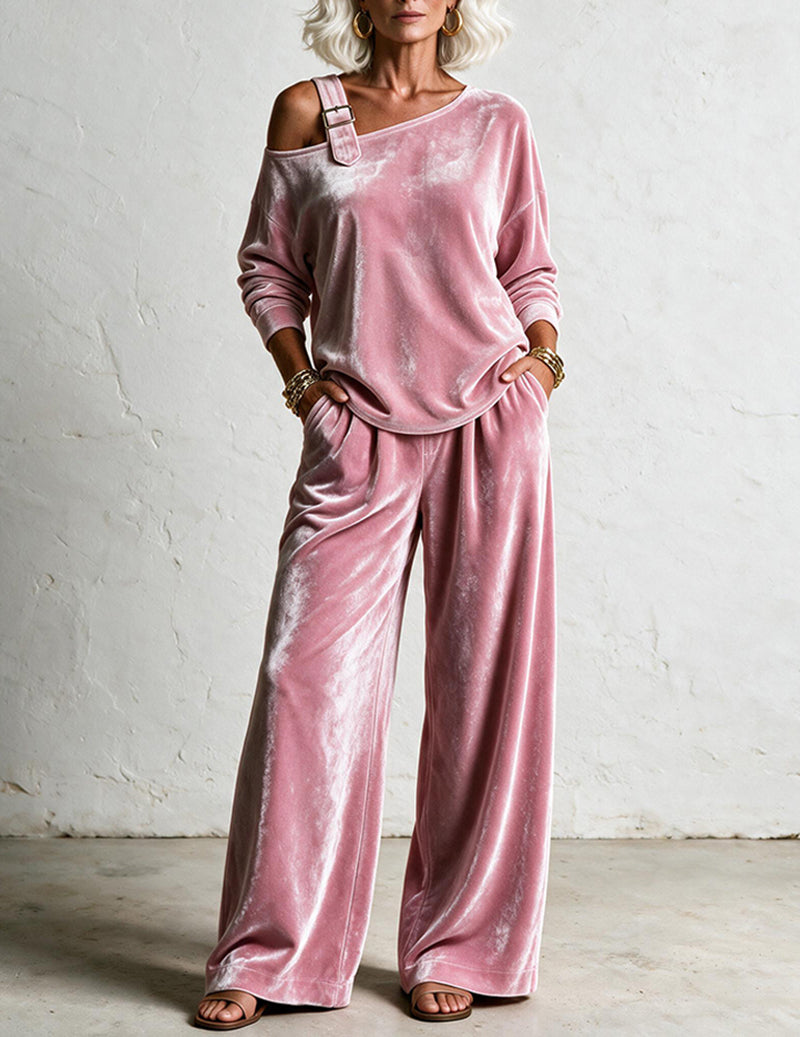 ekouaer-velvet-one-shoulder-hausanzug-samt-khaki-2-tlg image 3