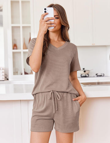 ekouaer-pajama-sets-short-sleeve-knit-lounge-set-schlafanzug-2-teilig-mit-tasche image 3
