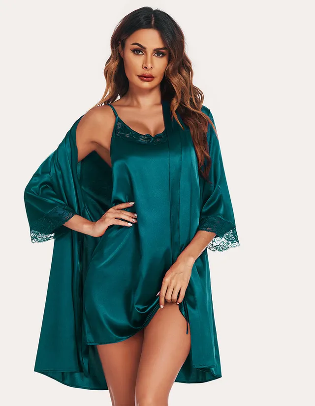 ekouaer-satin-cami-nachthemd-mit-robe-morgenmantel-set image 1