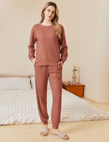 ekouaer-pajama-sets-waffle-schlafanzug-langarm-hose-taschen image 7