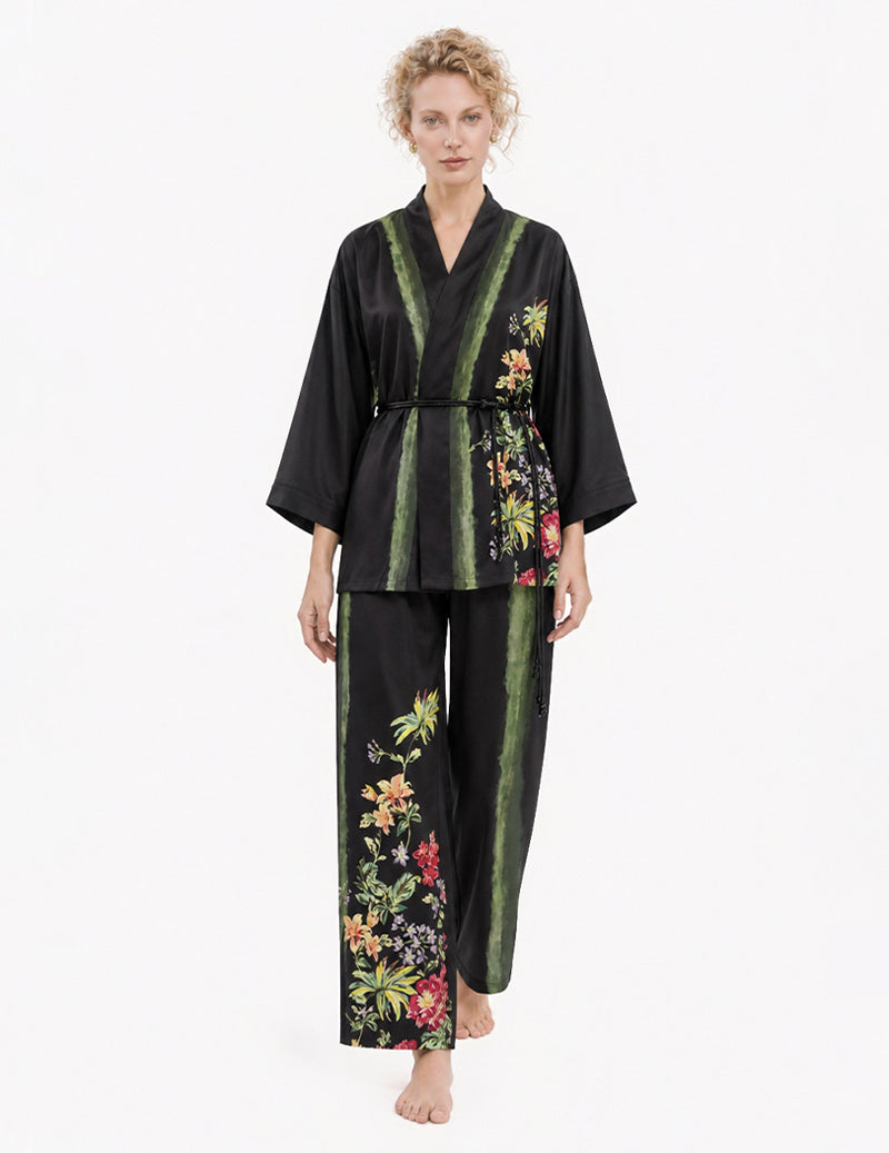 ekouaer-robes-kimono-satin-pyjama-damen-schwarz-m-floral image 3
