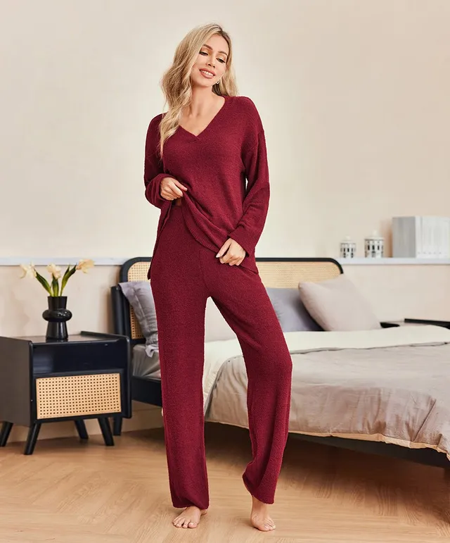 ekouaer-fuzzy-fleece-2-teiliges-lounge-set-pyjama-v-ausschnitt image 1