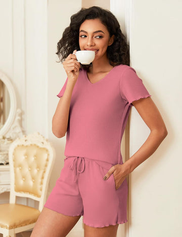 ekouaer-pajama-sets-waffle-knit-lounge-sets-pyjama-shorts-v-ausschnitt image 7