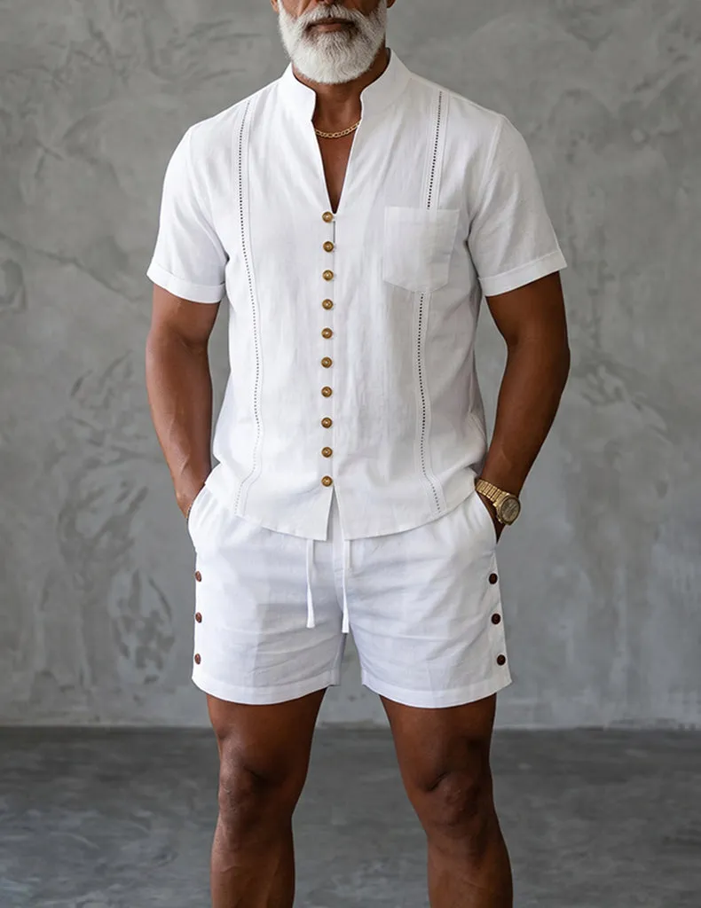 ekouaer-men-hemd-shorts-set-mandarin-kragen-sommer image 1