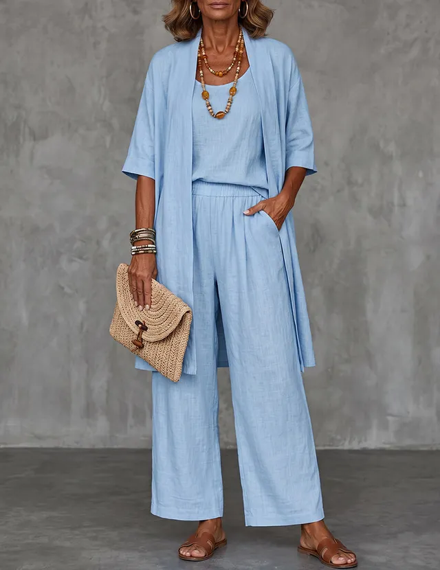 ekouaer-robes-leinen-3-teiler-kimono-top-hose-sommer image 1