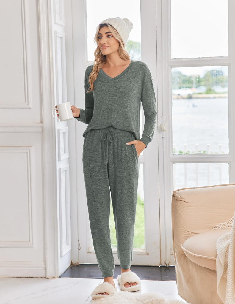ekouaer-pajama-sets-jogger-langarm-schlafanzug-strick-taschen image 1