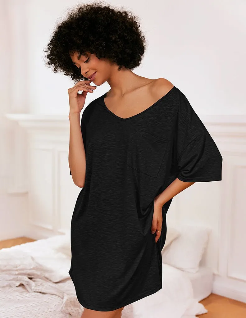 ekouaer-casual-v-neck-nachthemd-halbarm-brusttasche image 1