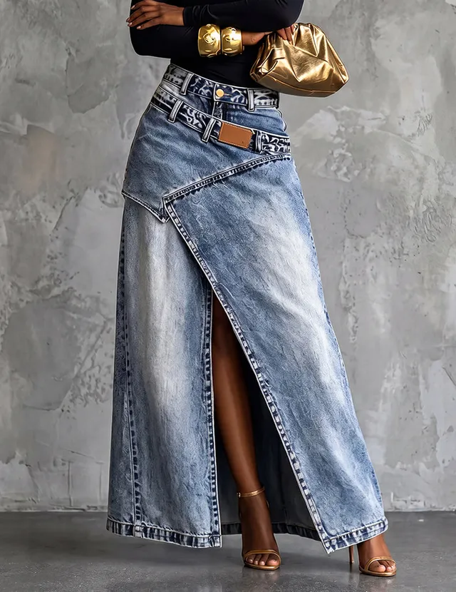 ekouaer-nightgowns-denim-midi-jeansrock-blau-mit-taschen image 1