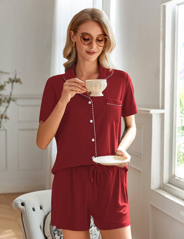 ekouaer-pajama-sets-schlafanzug-damen-kurzarm-kragen-paspel image 5