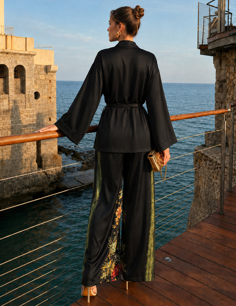 ekouaer-robes-kimono-satin-pyjama-damen-schwarz-m-floral image 2