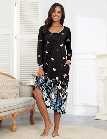 ekouaer-nightgowns-nachthemd-langarm-wadenlang-taschen image 3