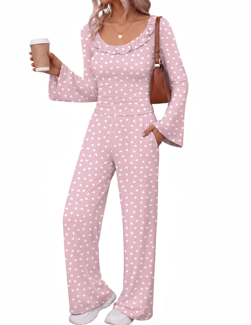 ekouaer-pajama-sets-pink-bow-schlafanzug-glocke-lang-2-teilig image 3