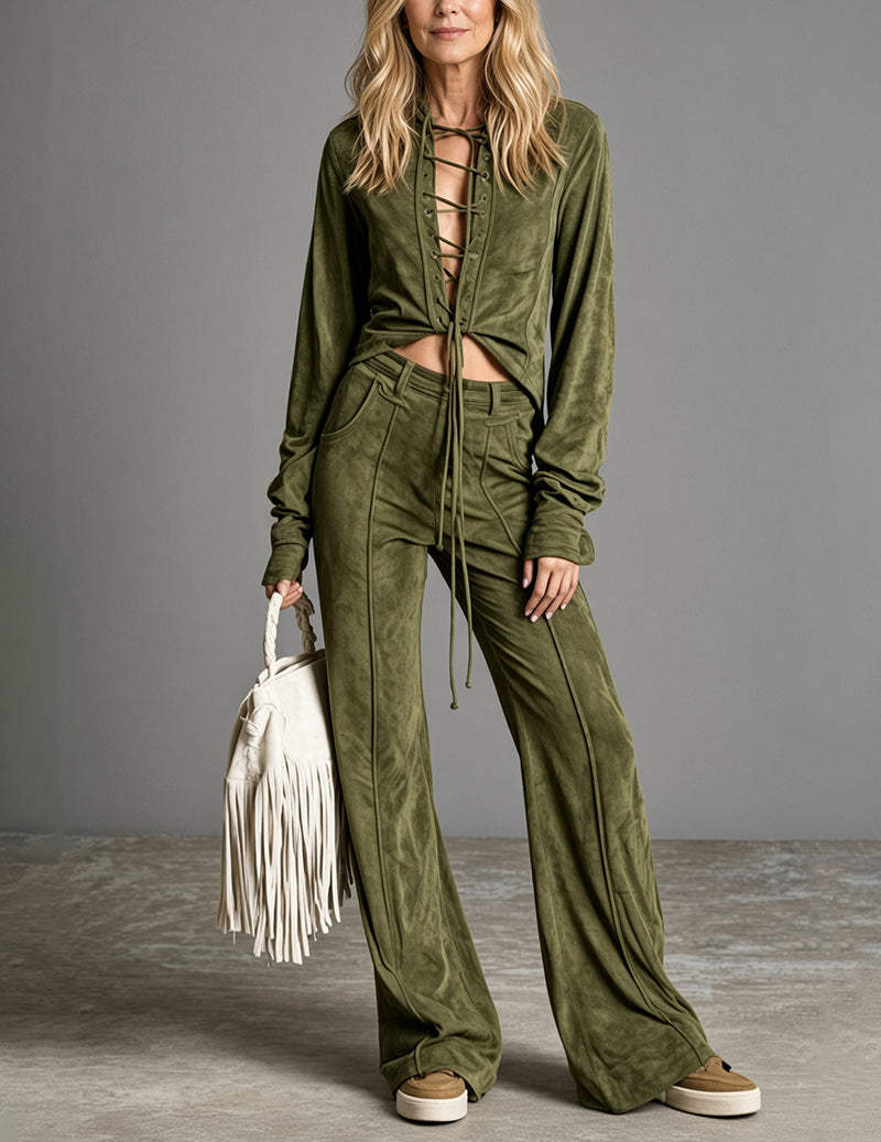 ekouaer-robes-samt-zweiteiler-cardigan-hose-army-green image 1