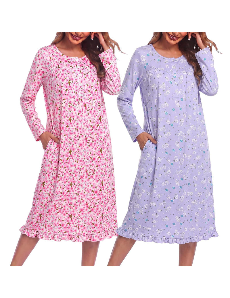 ekouaer-nightgowns-langarm-nachthemd-2er-pack-pink-floral image 6