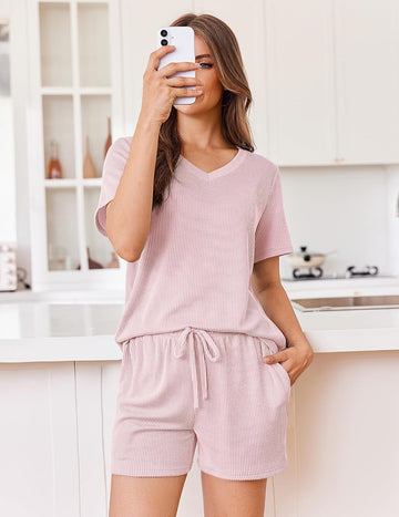 ekouaer-pajama-sets-short-sleeve-knit-lounge-set-schlafanzug-2-teilig-mit-tasche image 7