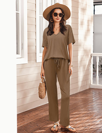 ekouaer-pyjama-set-ripp-v-ausschnitt-kurzarm-kordelzug-2-teilig image 7