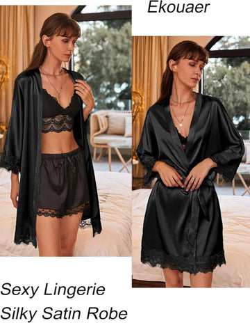 ekouaer-robes-satin-morgenmantel-kurz-spitze-3-4-rmel image 3