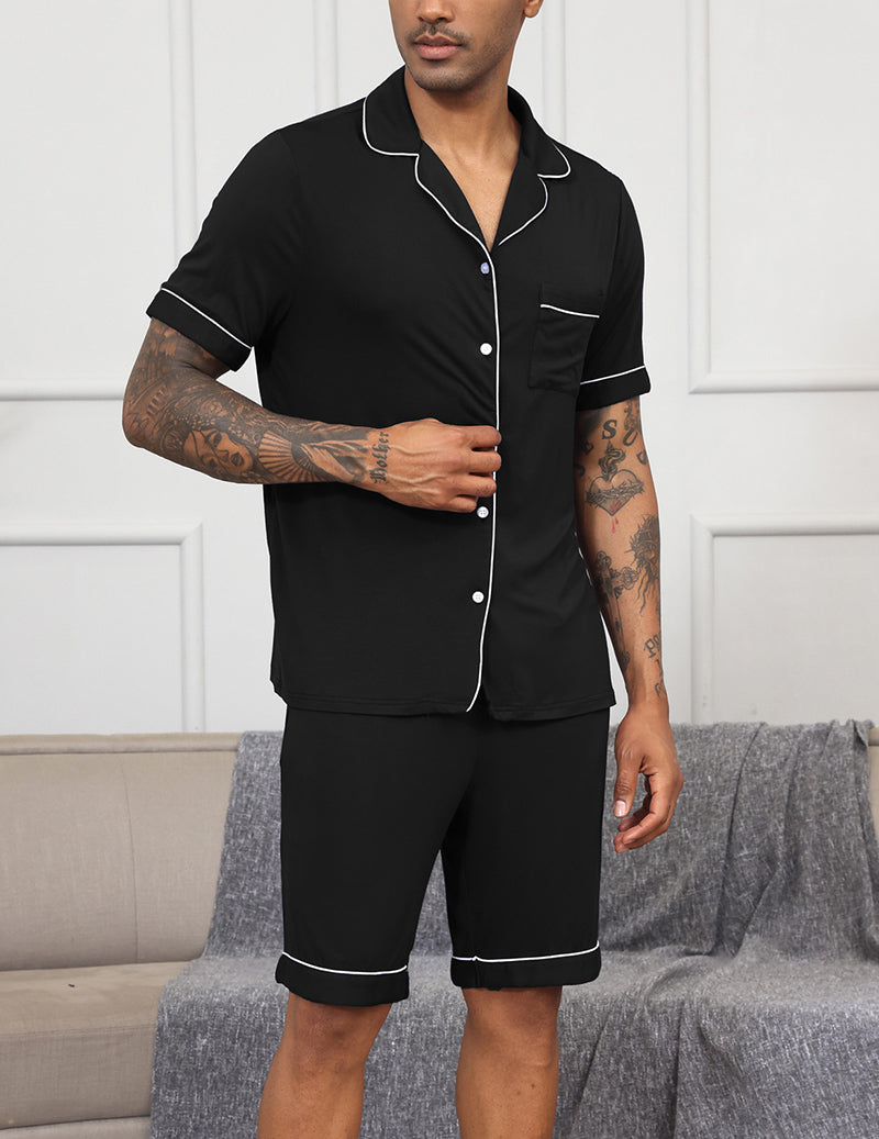 ekouaer-men-notch-pyjama-schwarz-kurzarm-viskose image 2