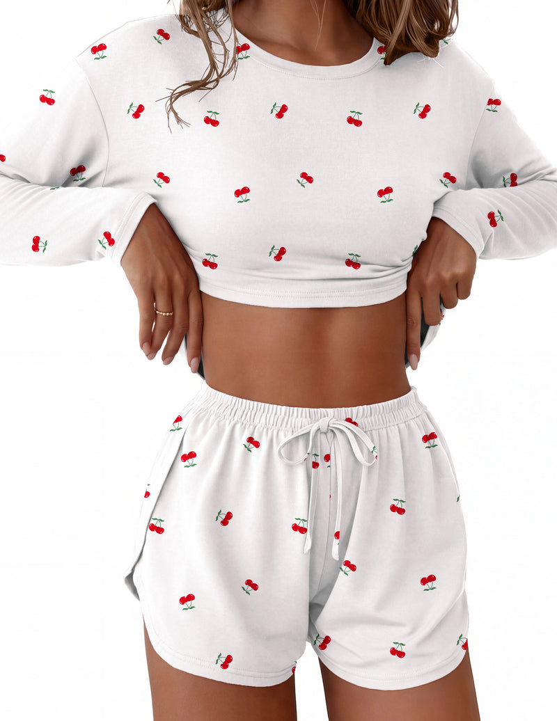 ekouaer-pajama-sets-langarm-schlafanzug-shorts-kirschen image 4