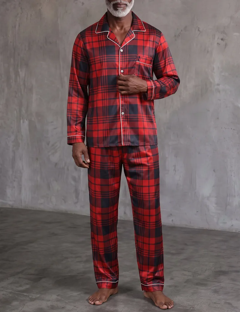 ekouaer-men-herren-schlafanzug-satin-rot-kariert-langarm image 1