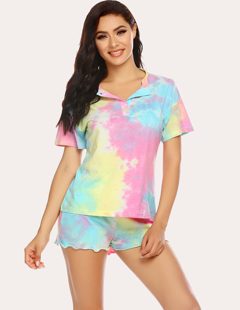 ekouaer-tie-dye-pajamas-set-schlafanzug-kurzarm-baumwolle image 1
