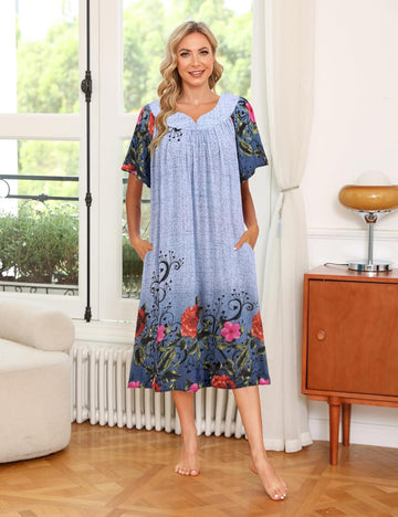 ekouaer-nightgowns-kurzarm-blumen-nachthemd-mit-taschen image 3