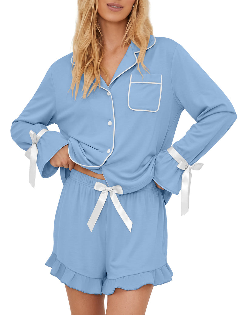 ekouaer-pyjama-set-damen-wei-shorts-langarm-knopfleiste image 7