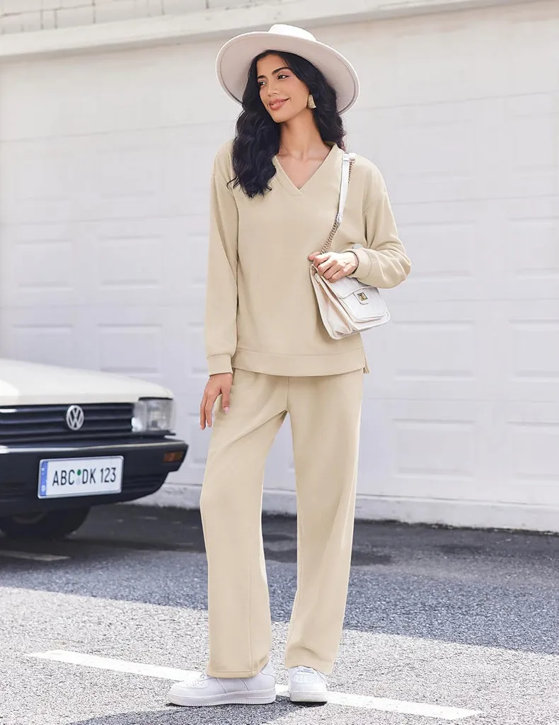 ekouaer-pajama-sets-fleece-schlafanzug-langarm-v-ausschnitt-taschen image 1