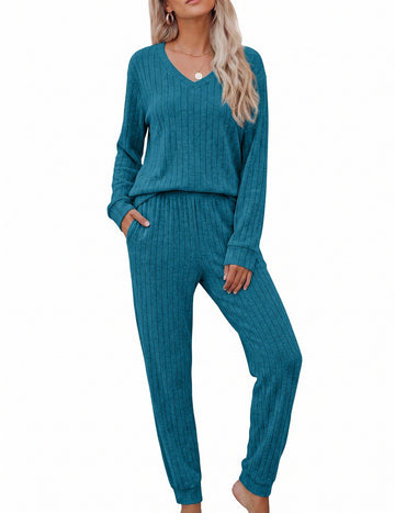 ekouaer-fleece-lounge-set-v-ausschnitt-jogger-winter image 5
